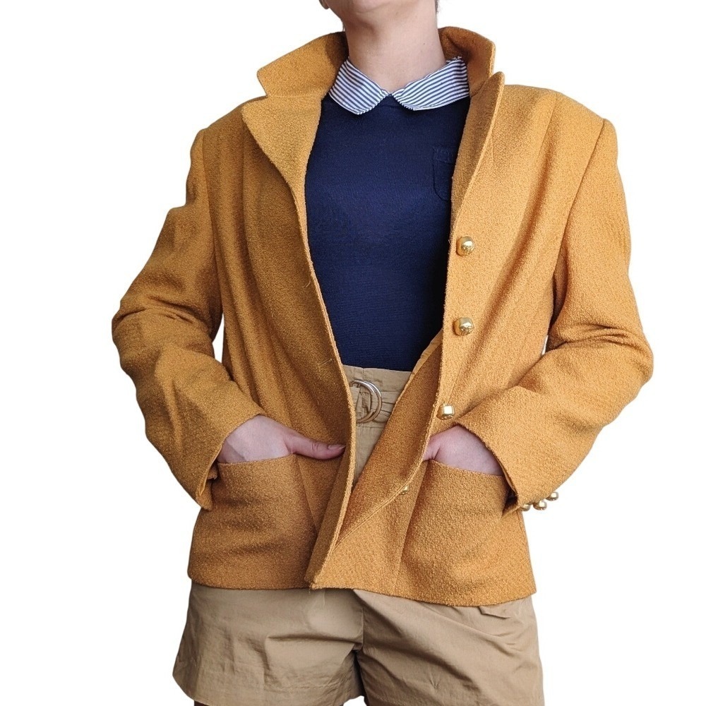 Vintage 80s Academia Eccentric Gold Button Yellow Wool Structured Suit Jacket